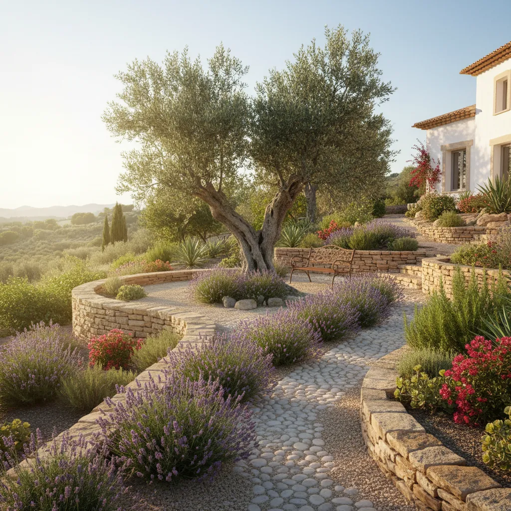 Jardín mediterráneo con olivos, lavanda y plantas resistentes