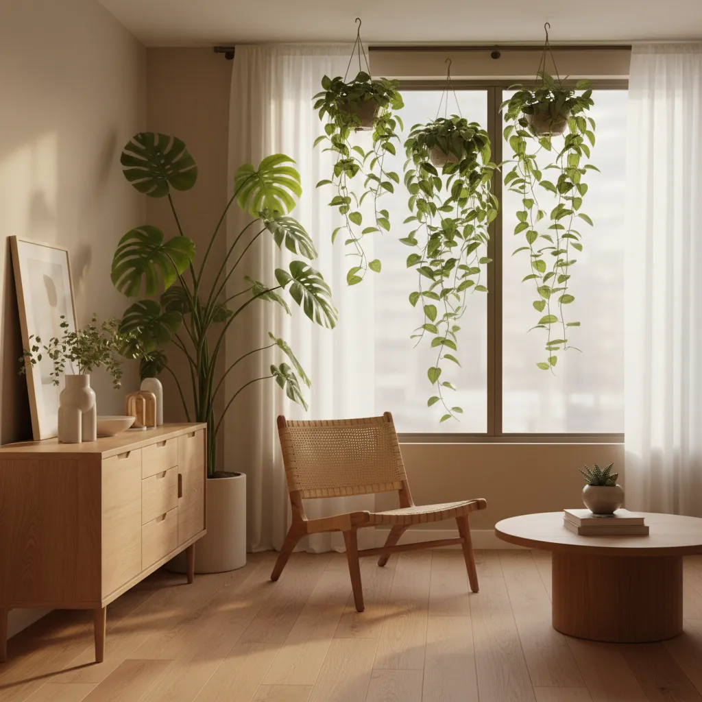 Cozy room with wooden cabinet, woven chair, coffee table, large plant, and hanging window plants