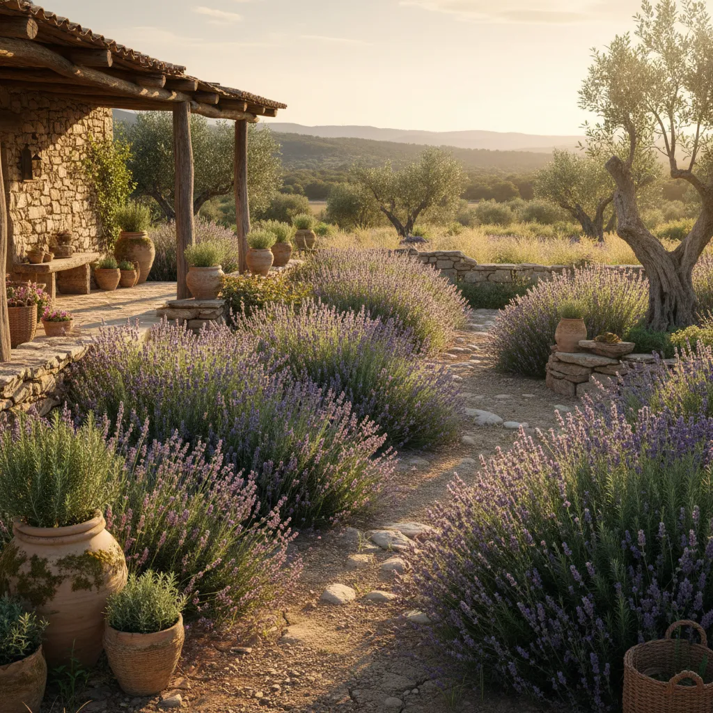 Lavanda y romero en un jardín de estilo rural