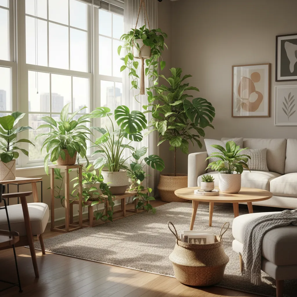 Bright living room with white sofa wooden coffee table many green plants and large windows