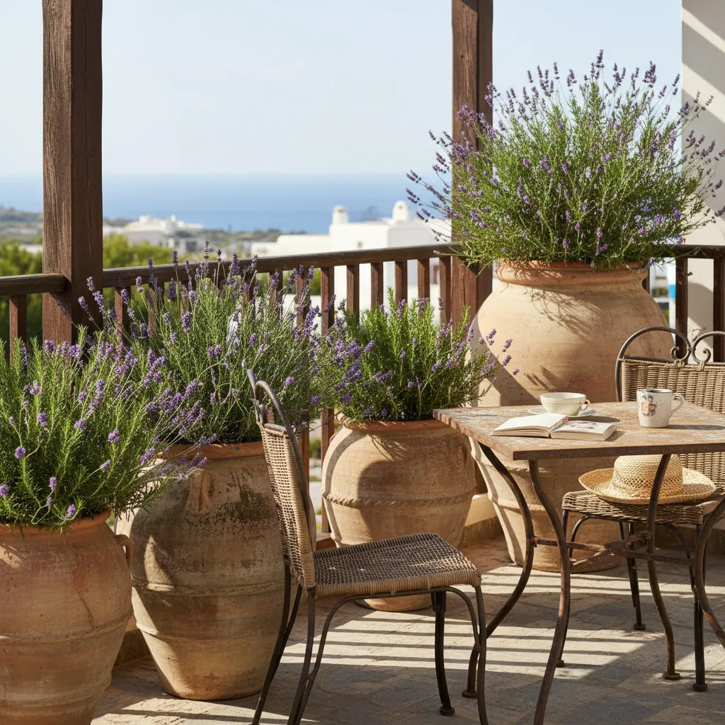 Sunny terrace with large clay pots of purple lavender metal table chairs and blue sea