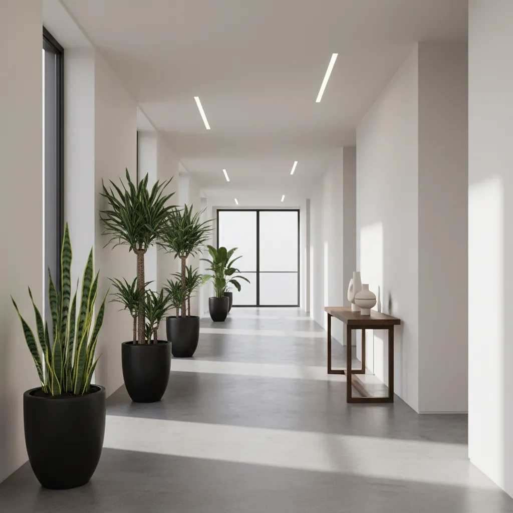 Pasillo interior decorado con plantas resistentes en macetas