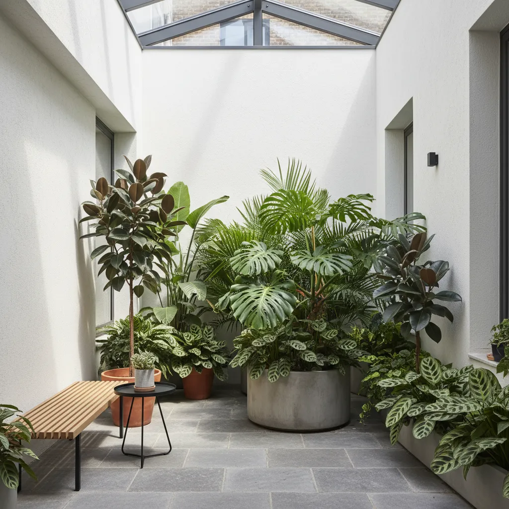 Plantas tropicales en patio interior con paredes blancas