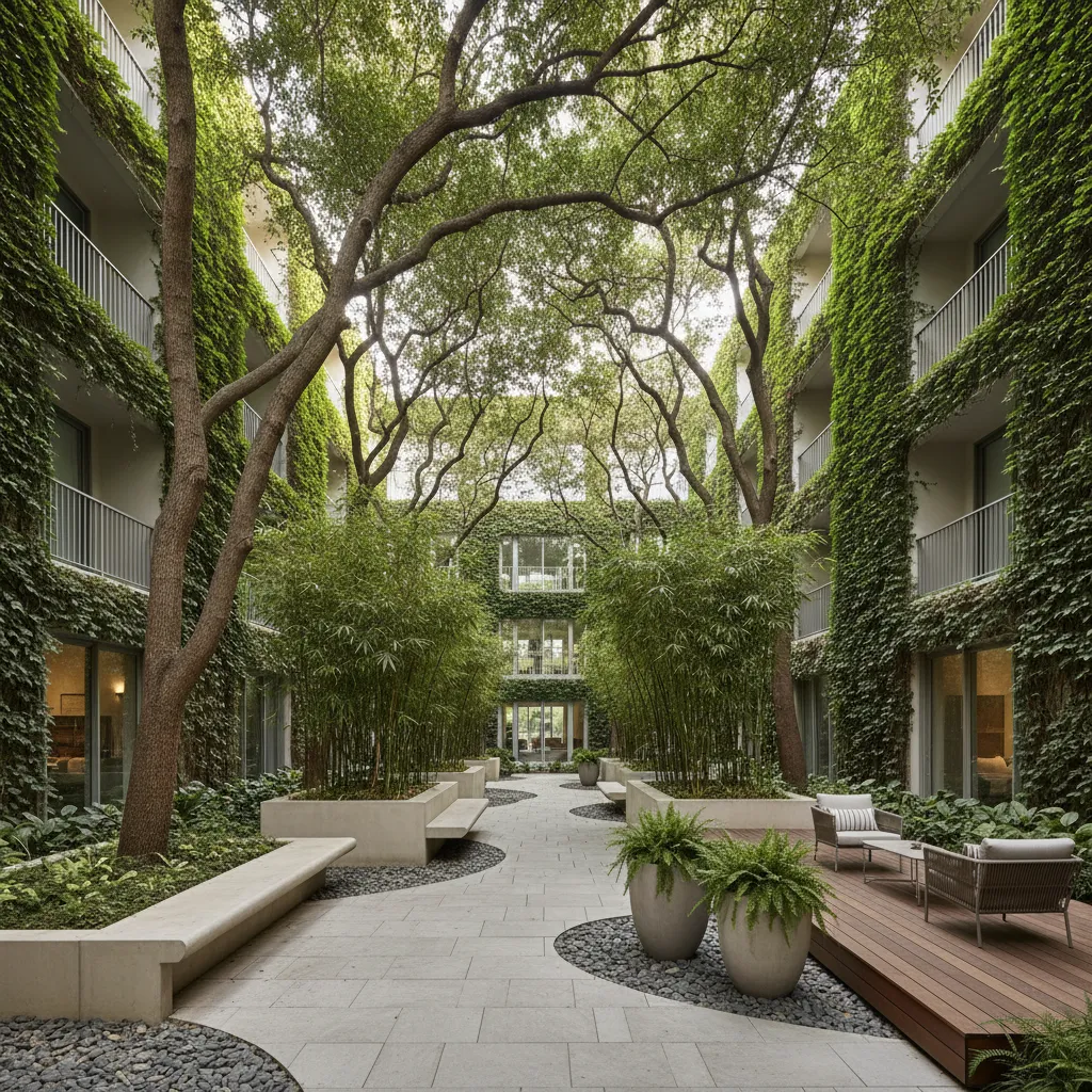 Patio interior con ficus, bambú y plantas resistentes en jardineras