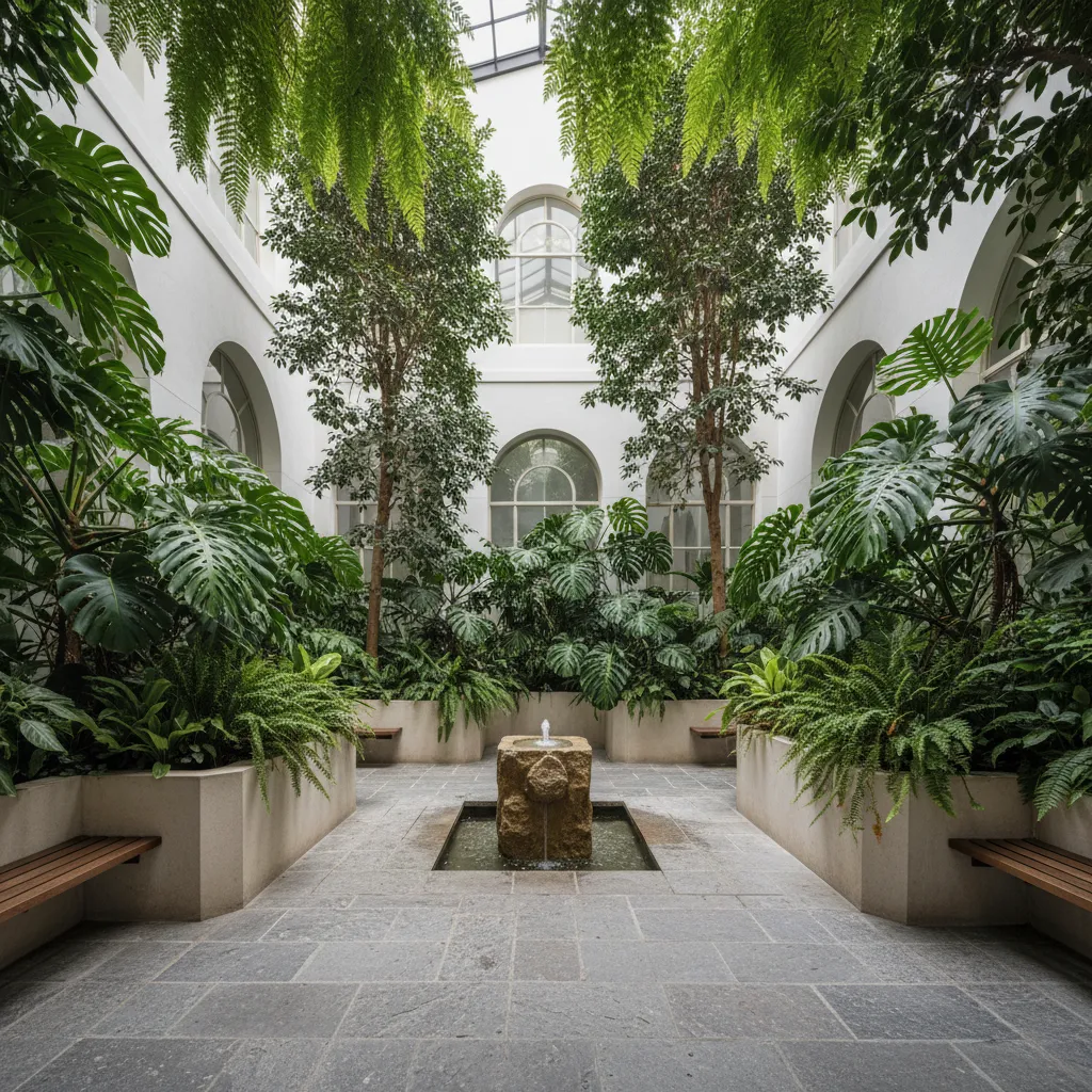 Selección de plantas tropicales en un patio interior luminoso