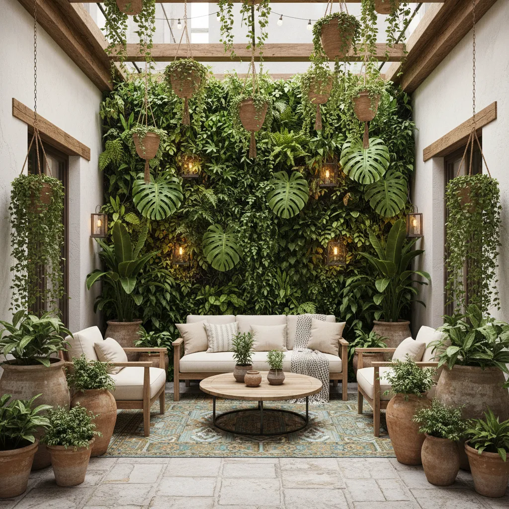 Patio interior pequeño con jardín vertical y plantas colgantes