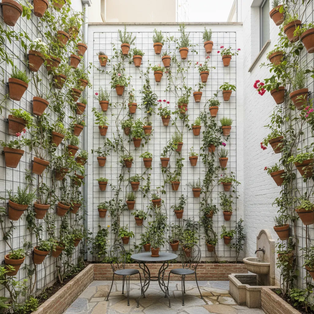 Vertical garden with many clay pots, white walls, metal chairs, small table, and stone floor