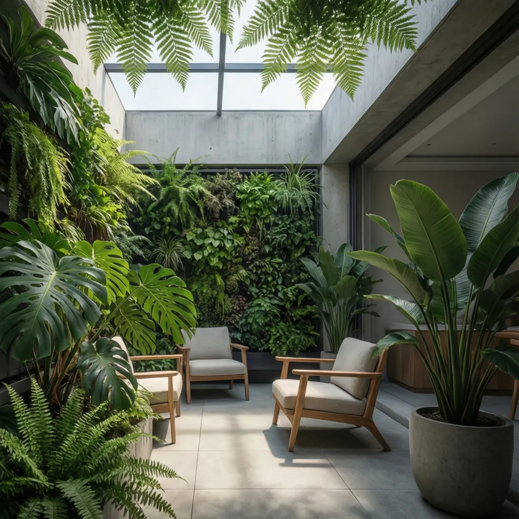 Plantas de sombra en macetas y jardín vertical dentro de un patio interior
