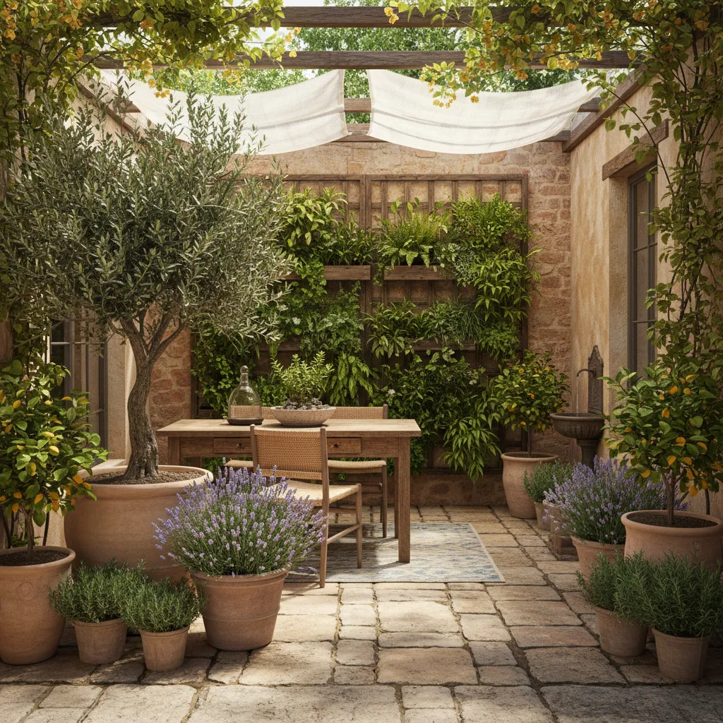 Patio pequeño con plantas en macetas y vegetación vertical