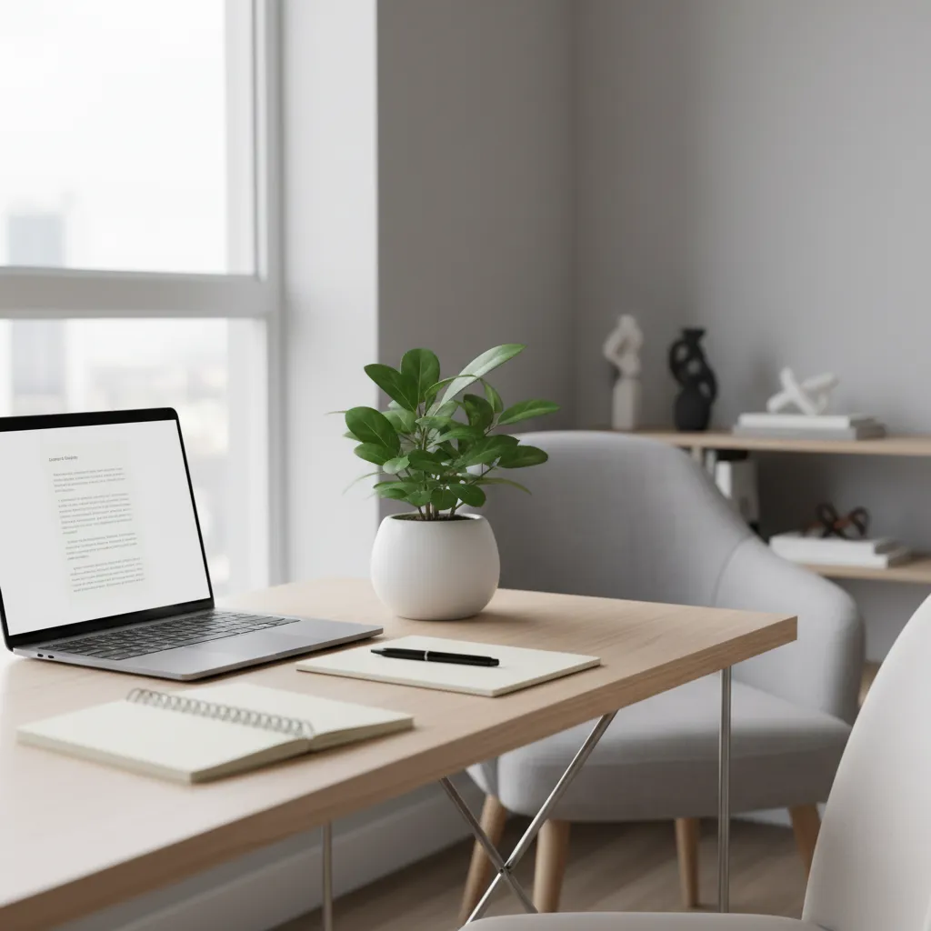 Planta pequeña decorando un escritorio de trabajo en casa