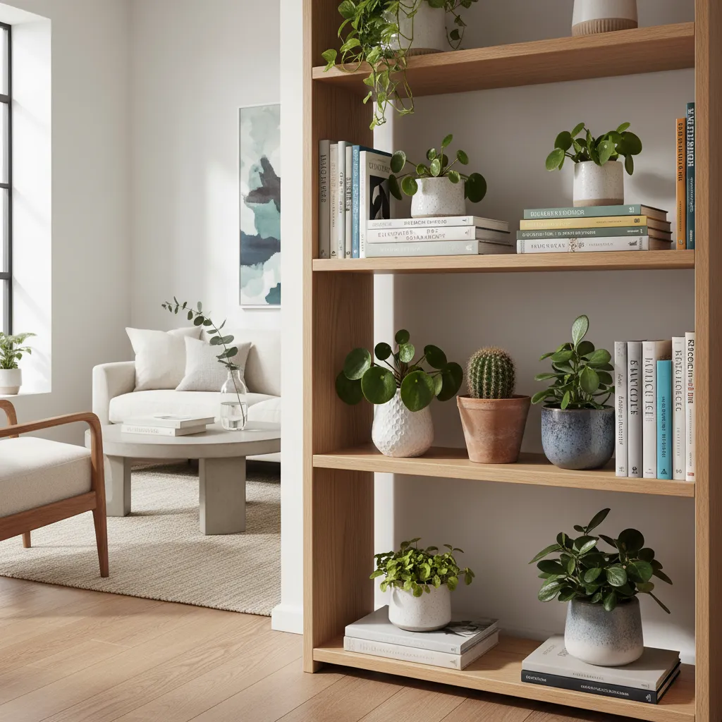 Plantas pequeñas decorando una estantería con libros en un salón