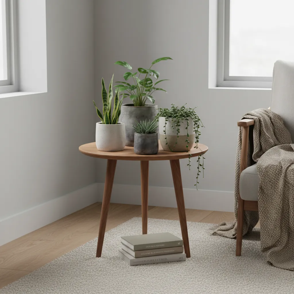 Pequeñas plantas decorativas sobre una mesa auxiliar moderna