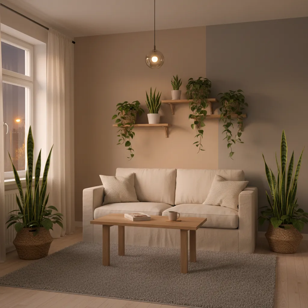 Plantas resistentes colocadas en un apartamento con iluminación tenue