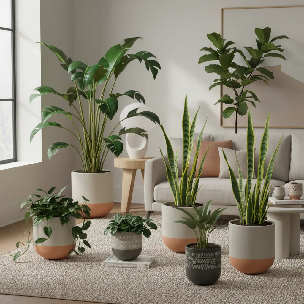 Varias plantas de interior populares como monstera, ficus y pothos en una sala