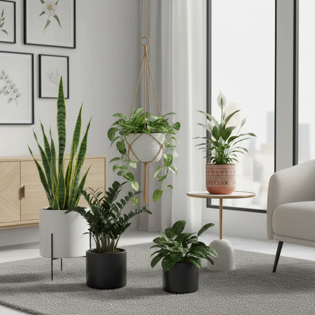 Colección de plantas resistentes como sansevieria y pothos en un interior moderno