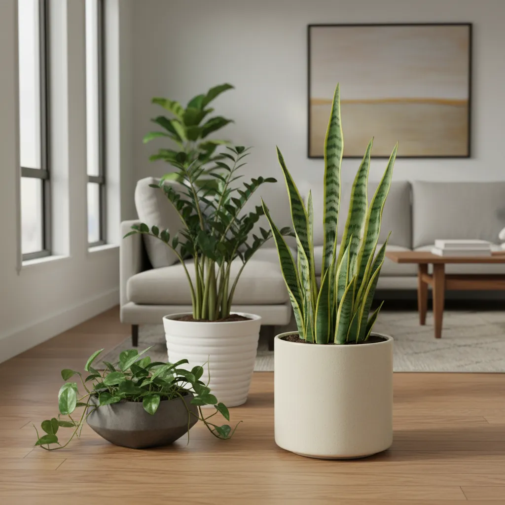 Conjunto de plantas de interior resistentes en macetas modernas