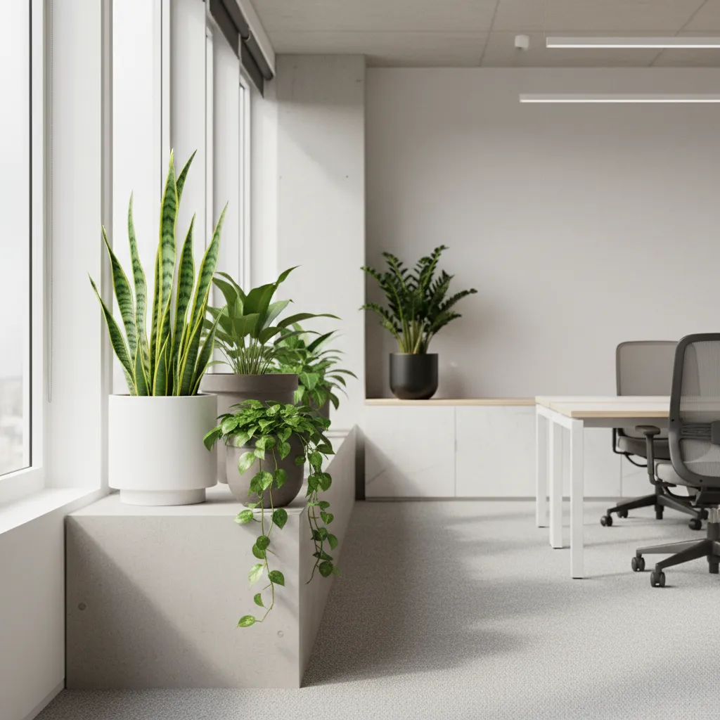 Plantas resistentes como sansevieria y pothos en un espacio de oficina