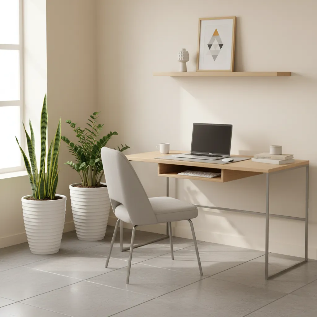 Plantas resistentes como sansevieria y zamioculca en una oficina