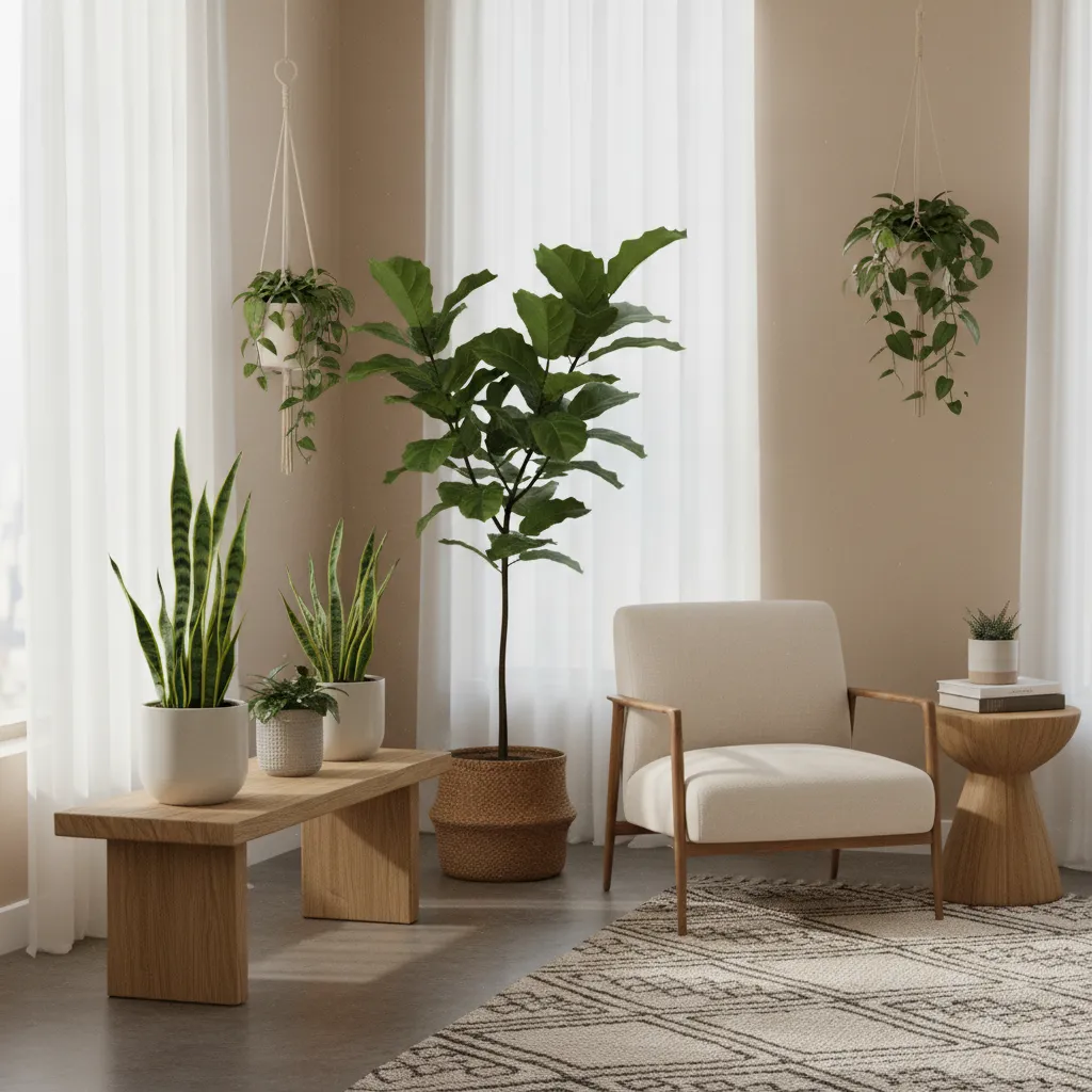 Rincón de salón con plantas decorativas cerca de una ventana