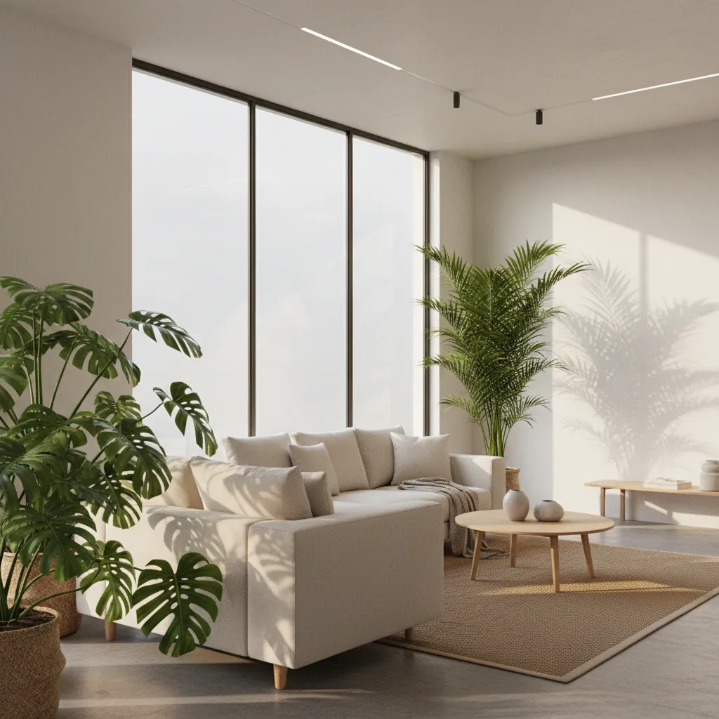 Sala luminosa con plantas cerca de una ventana grande