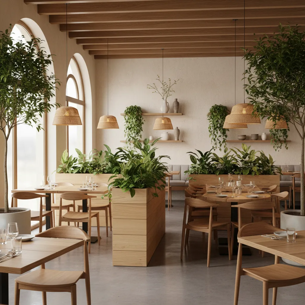 Restaurante con jardineras que separan mesas