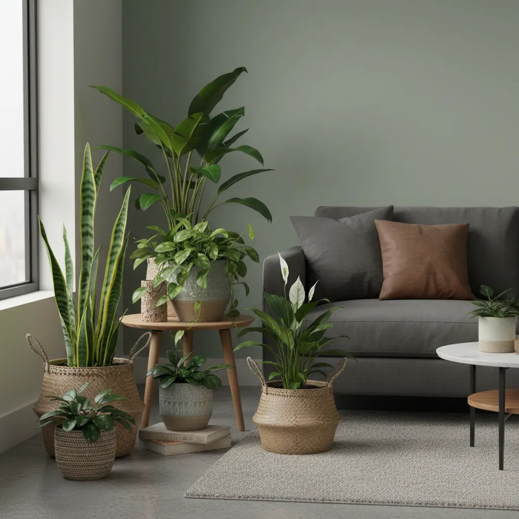 Varias plantas de sombra en macetas decorativas dentro de un salón