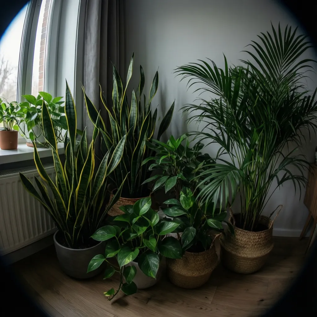 Colección de plantas de interior como sansevieria, potus y zamioculca en un apartamento