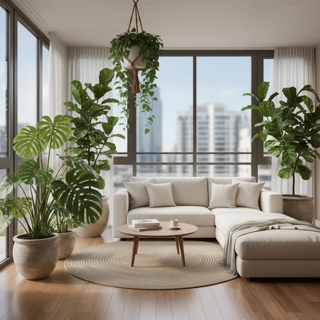 Terraza interior con plantas tropicales como monstera y ficus