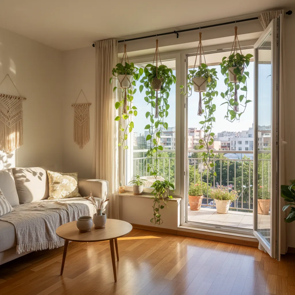 Plantas decorativas colocadas alrededor de una ventana interior hacia terraza cerrada