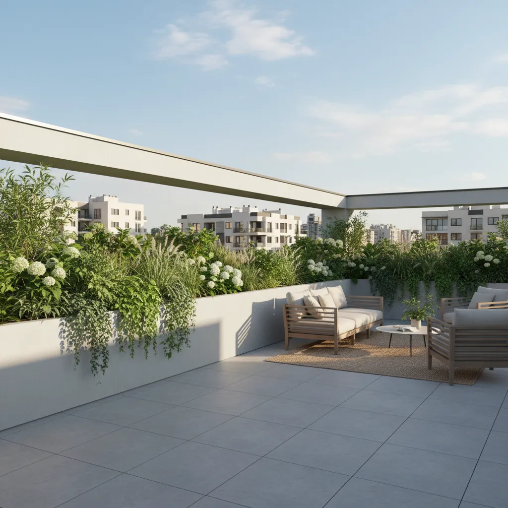 Rooftop terrace with planter boundary wall and greenery for privacy