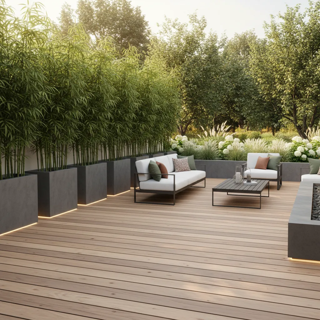 tall planter boxes with bamboo used as patio divider