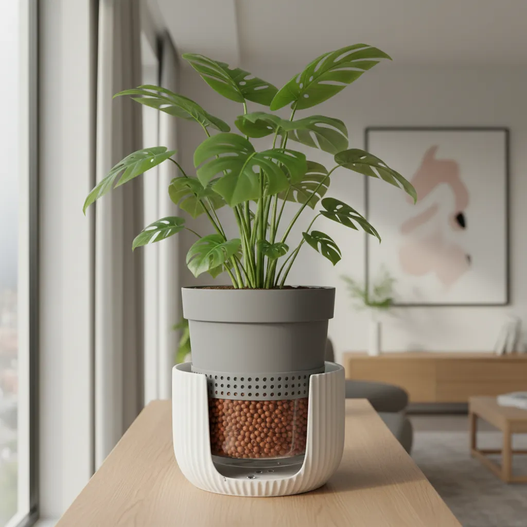 Detalle de maceta interior con sistema de drenaje dentro de cubre maceta