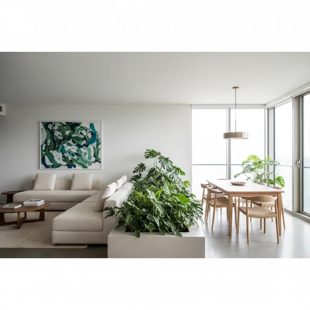 Jardinera larga usada como separador entre salón y comedor