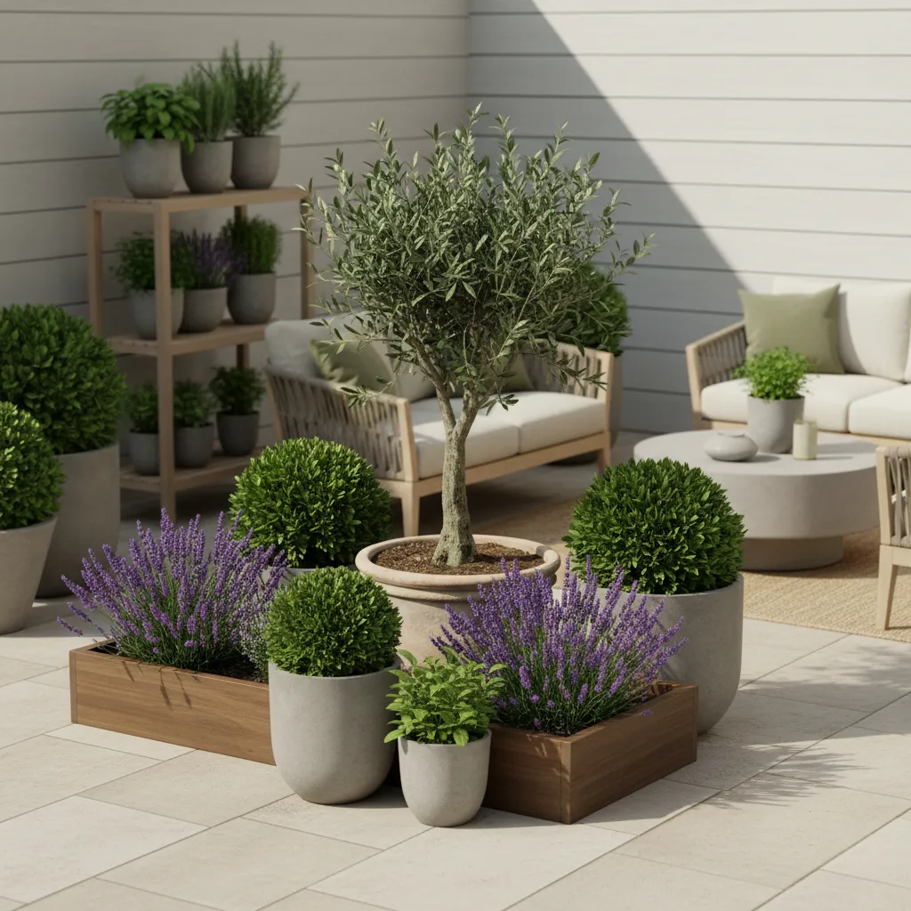 Potted lavender and olive tree on bright patio with outdoor sofa and a coffee table