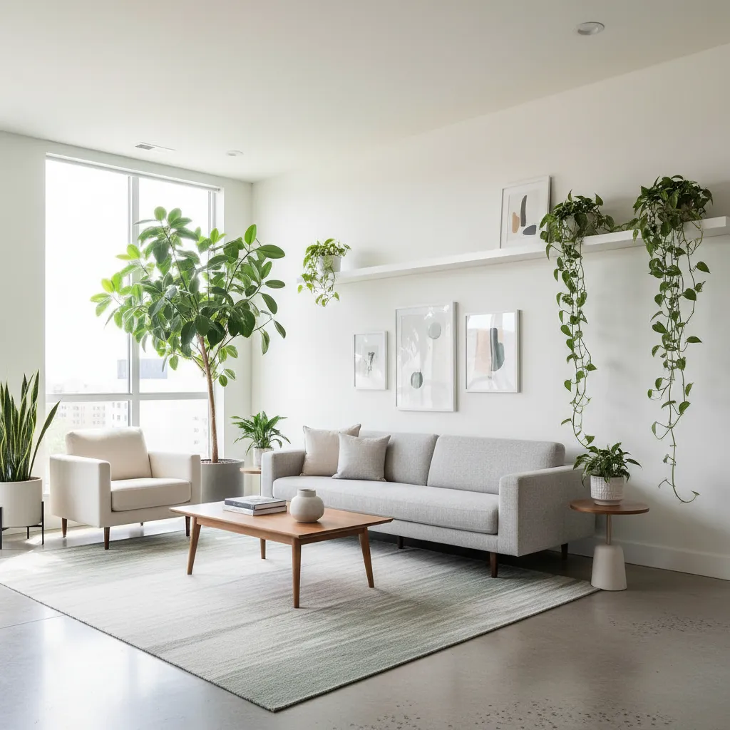 Distribución de plantas decorativas en un salón moderno