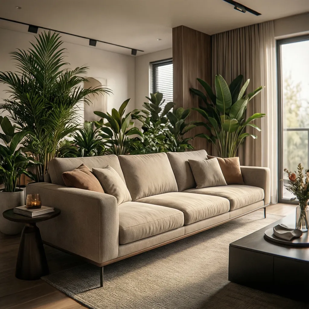 Plantas decorativas colocadas junto a un sofá moderno