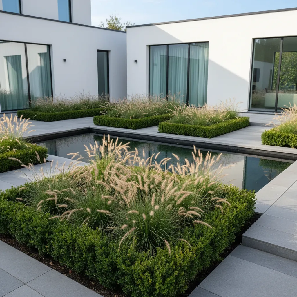 Composición de plantas estructurales en un jardín residencial moderno