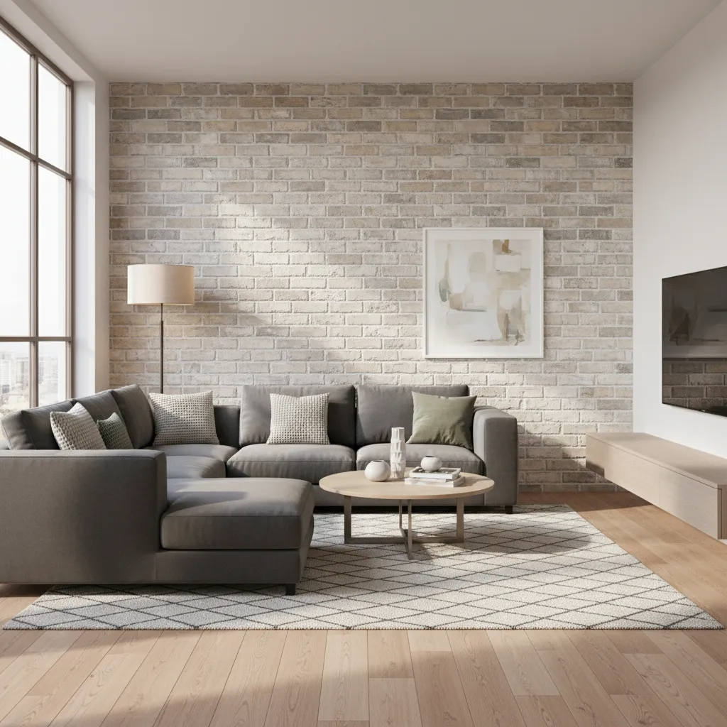 Modern living room with white brick wall grey sofa round coffee table and geometric rug