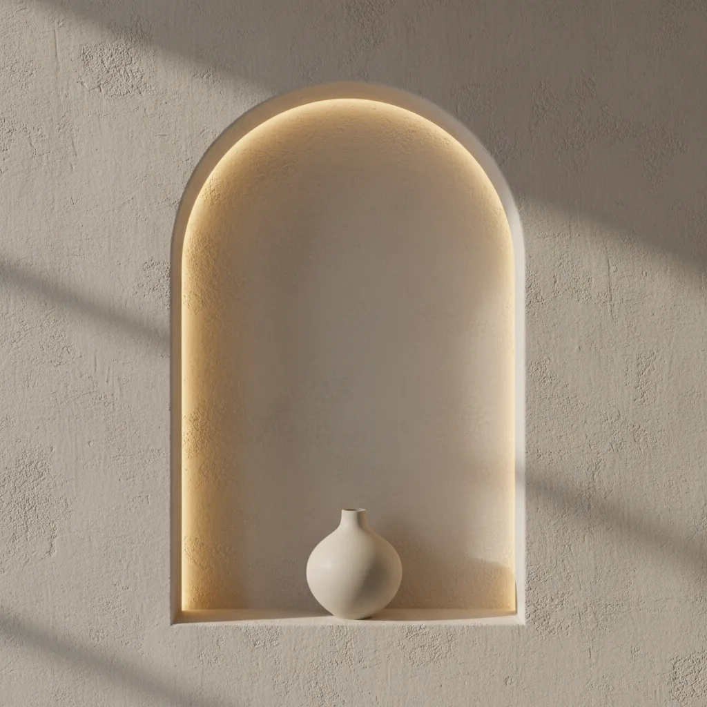 Close view of plaster half arch wall niche with warm lighting