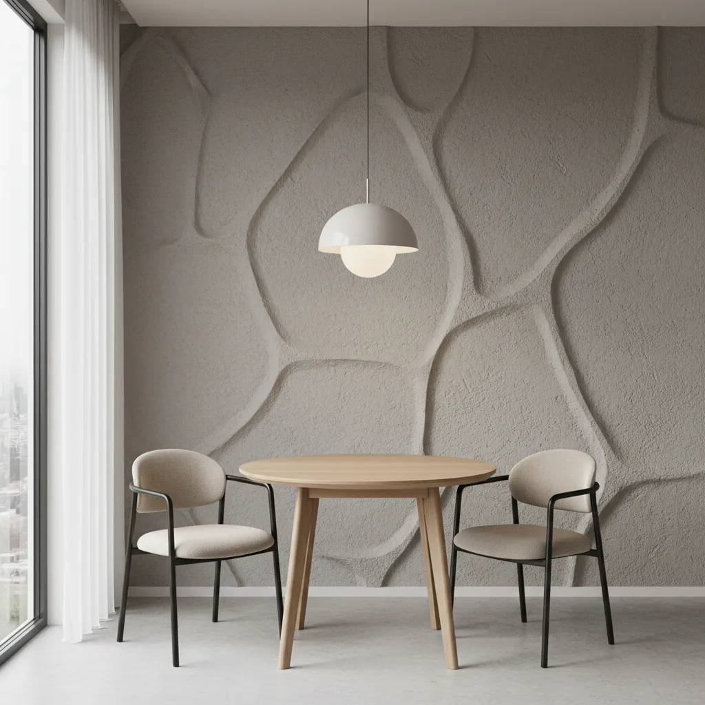 Small dining nook featuring decorative plaster textured accent wall