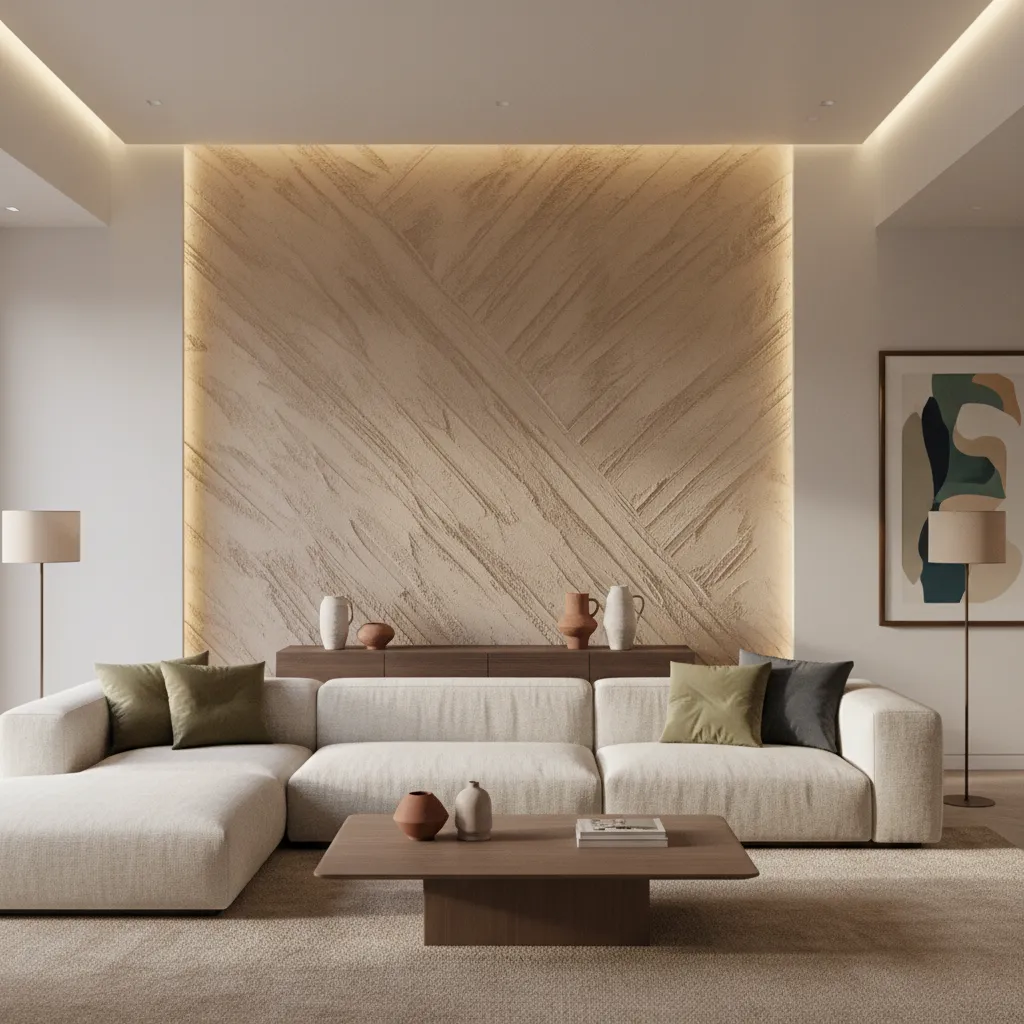 living room with brushed plaster textured accent wall