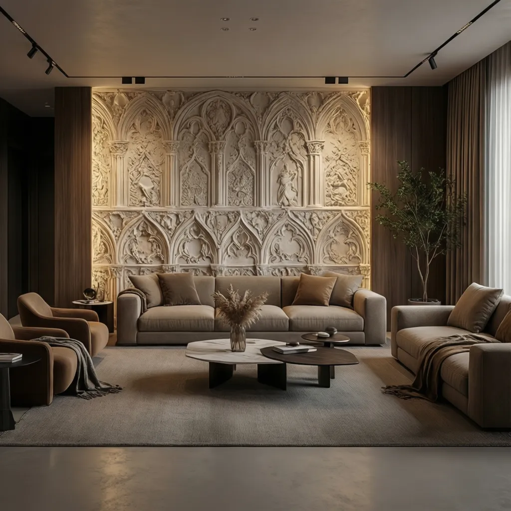 Elegant Venetian plaster textured feature wall in a modern living room