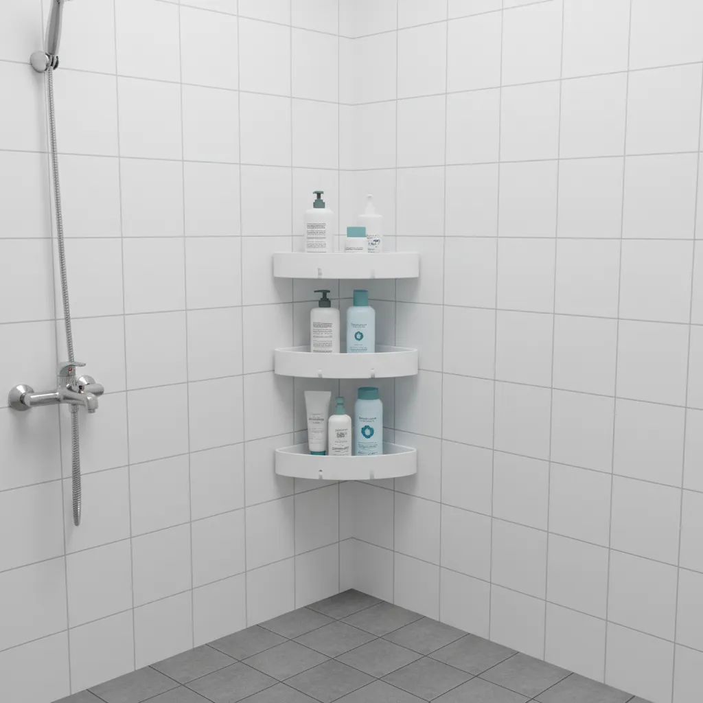 plastic corner shower shelf installed in small bathroom