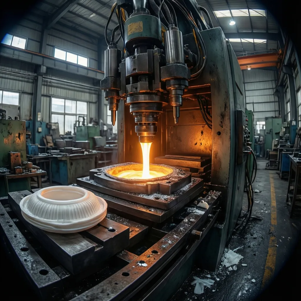 Industrial injection molding machine producing plastic vent caps