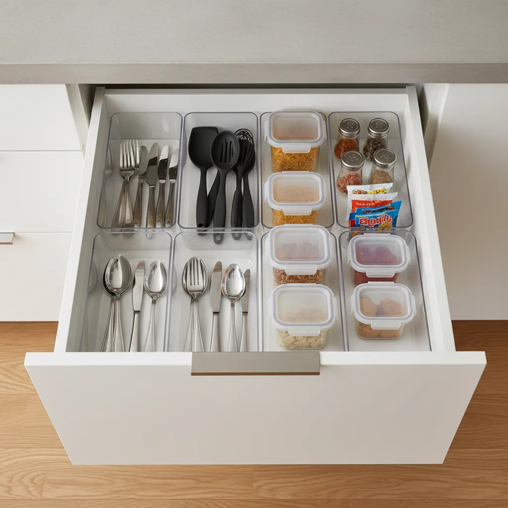 kitchen drawer with plastic organizers and compartment storage layout