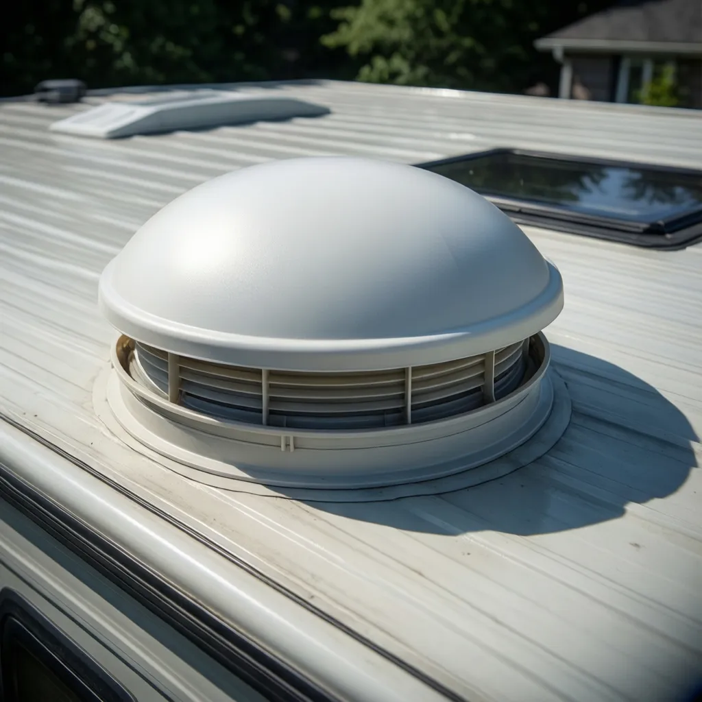 Close-up of a white plastic RV roof vent cap