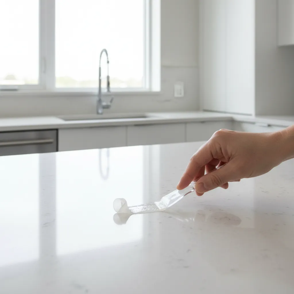 Using a plastic scraper to gently lift softened glue from a kitchen countertop