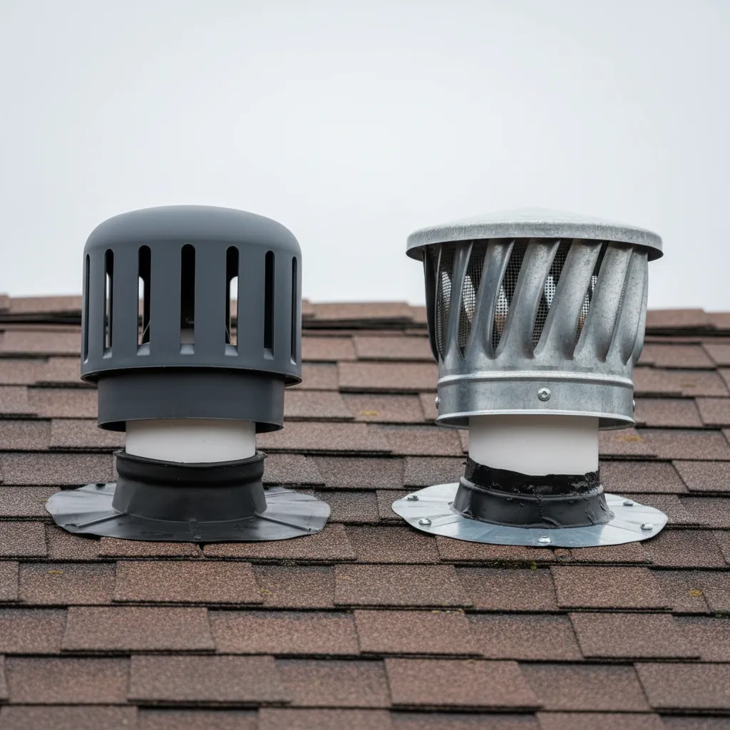 Side by side comparison of plastic and metal plumbing roof vent caps