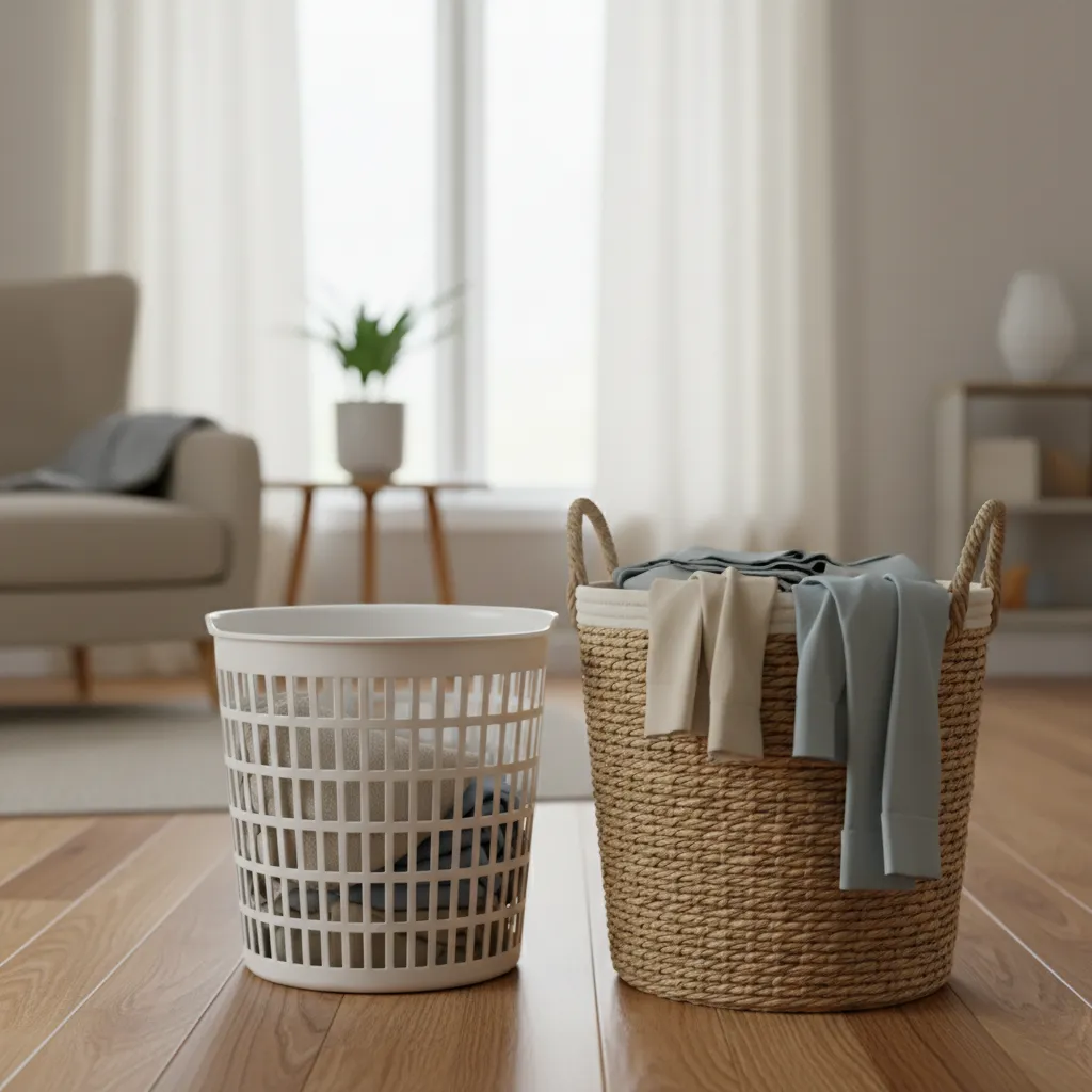 Comparison of plastic and wicker laundry baskets in a family home