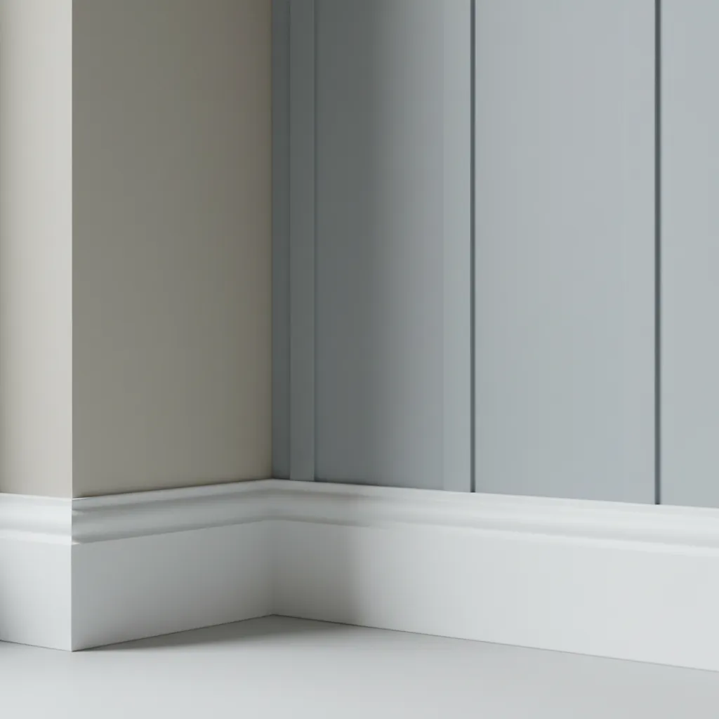 Detalle de zócalos de plástico instalados en la parte inferior de una pared interior